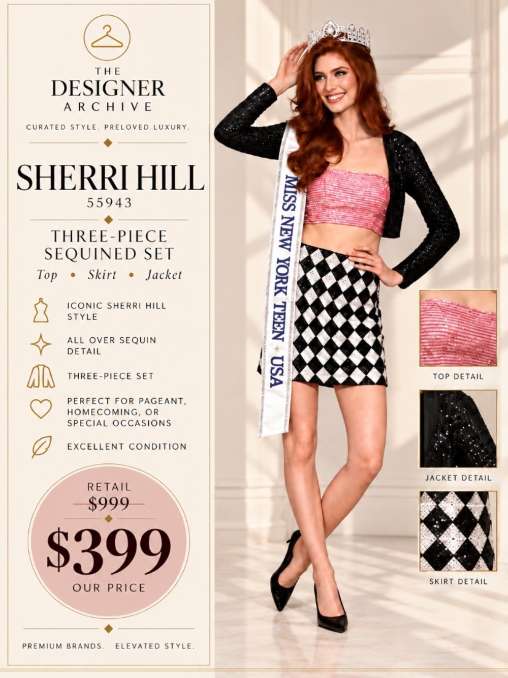 Sherri Hill 55943 Sequin 3-Piece Set | size 2 | Black/Ivory/Pink